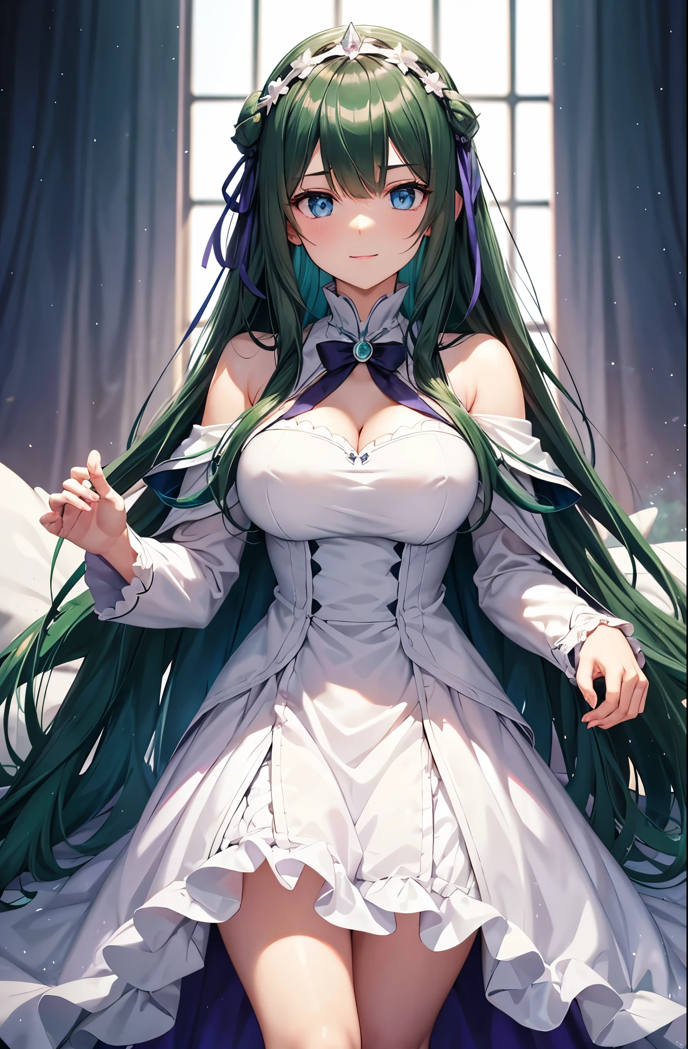 Blue eyes, dark dark green hair, darker hair color, voluminous dark green hair voluminous dark green hair, long straight hair, strong gaze, looking at me shyly, sparkling eyes, dress like Emilia from "Re:Zero Kara Hajimari no Isekai Seikatsu" , white armor dress, large white cape with one-pointed purple pattern on white background, purple hairpin, in dark room in a dark room with a sofa, focus on face, fresh smile, big droopy eyes, blue eyes, cute expression