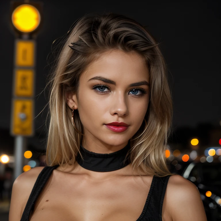 photography, ultra realistic photo, ultra HD, masterpiece, blonde girl, she is 25 years old, she has very perfect blue eyes, detailed eyes, perfect body, (big breast : 1.4), she is smiling, she has attractive eyes, perfect skin, (textured skin: 1.3), (full body 1.6), detailed face, elegant girl, perfect legs, full light on the face and the body, (she is wearing luxury black dress : 1.3), (lipstick : 1.2), (black make up : 1.2) she is in the street, street background, night background, red light