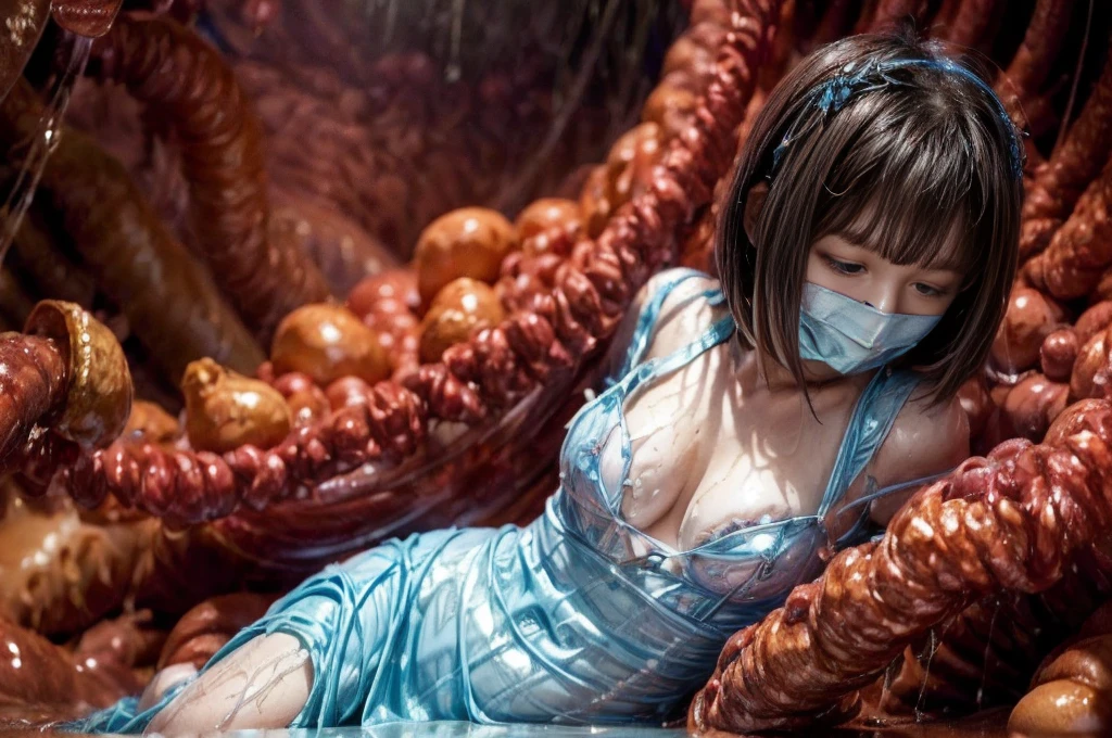 tentacles raping chjld himeka (inside creature:1.4) of stinky saliva fluids, (stinky dress), wet girl, sitting, ((looking at the viewer)), wet skin, bukkake, anguished, bound by slimy tentacles, bdsm, vine, sitting in a mirror, she is resisting from cum shot, fetish, pussy juice stain, (she is hiding her mouth:1.5) inside creature, slimy ((wet skin)) dripping, (beautiful eyes), dried saliva, ((steaming)), depth of field, 1girl, solo