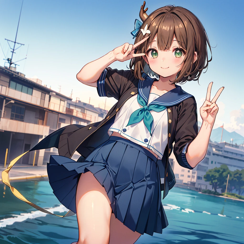 ((((Shikanoko　Brown Hair、Short Bob　Green Eyes　smile　peace sign))))　(((Blue Sailor Suit、Blue ribbon　Navy Blue Skirt　Deer horn、Pop anime　(｀・ω・´))))　((In the city))　Shining Edges　Shining Background