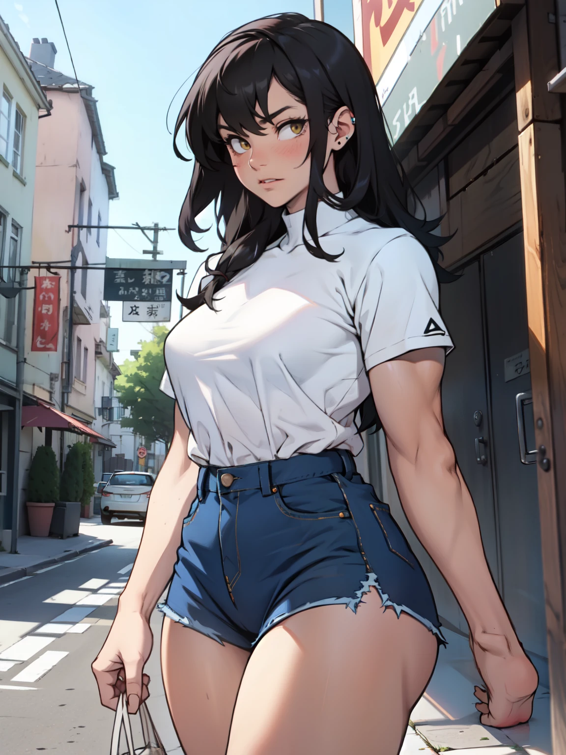 embarrassed girl black hair yellow eyes pale skin muscular girl feminine
