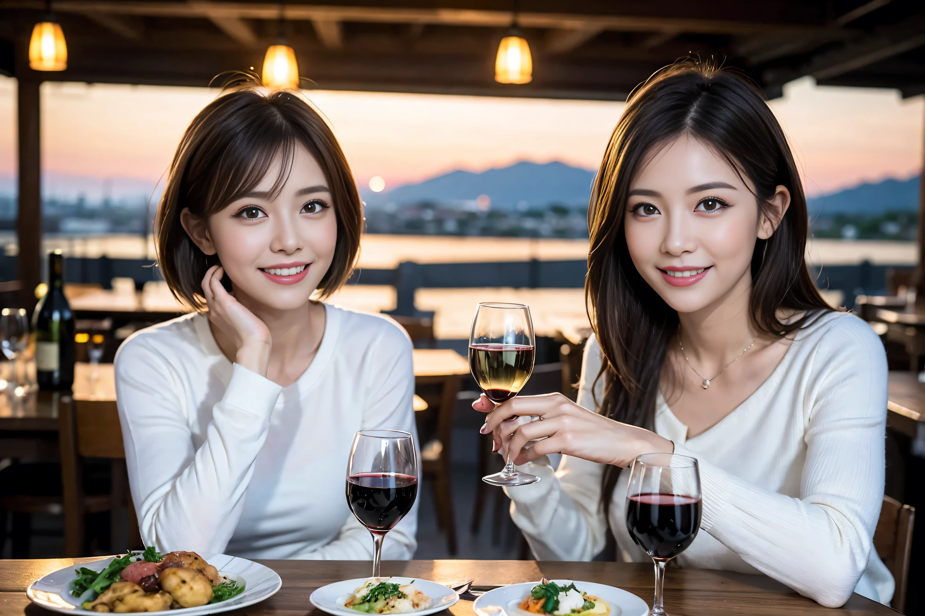 （Realistic:1.1）,(masterpiece,Highest quality)，8k,(49 years old), 53 years old, ベリーslimボディ、slimカップル、Tight waist,Upper Body,full-course dinner、wine 、Amazing view of the sunset sky and clouds、Perfect , Brown Hair, short hair,Random Hairstyles,((Highly detailed face and eyes:1.2))，Perfect golden ratio face，Long sleeve shirt、dress,(smile:1.2)、Shortcuts、cute、(Realistic, Intricate details:1.2), A bright smile、short hair,Bright Face、赤wine 、Appetizers、Italian food、wine bottle、Champagne、スパークリングwine、(slimな顔), (The body is slim), (Brown Hair), (Shortcuts),  Upper Body, 白wine, slim, wineグラス, 