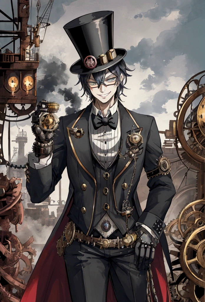 "Steam Punk Joker with a mischievous smile, Wear a top hat decorated with gear and glasses., Holding a deck of cards with mechanical hands, Surrounded by smoke and industrial background, With steam-powered engines and moving gears, Creates a feeling of mystery and intrigue.."