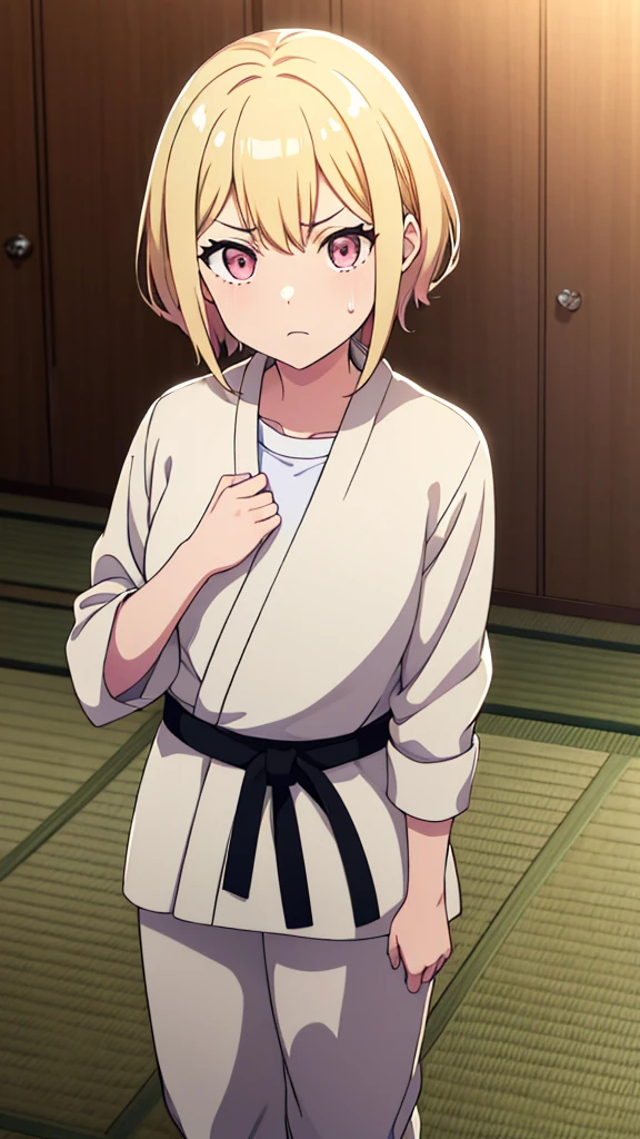 ((masterpiece, Highest quality, Very detailed, Very nice 8K CG wallpaper)), , A little thick, Medium Hair, Light yellow hair with a hint of pink, short hair, Pale pink eyes,judo player、長袖judo着、Large bust、ロングjudoパンツ、judo、Serious expression、Inside the judo Gymnasium、、On the tatami、discovery、One Girl、Ready for battle、A tough fight、Saki Tenma、Bust Size D Cup、Sweating