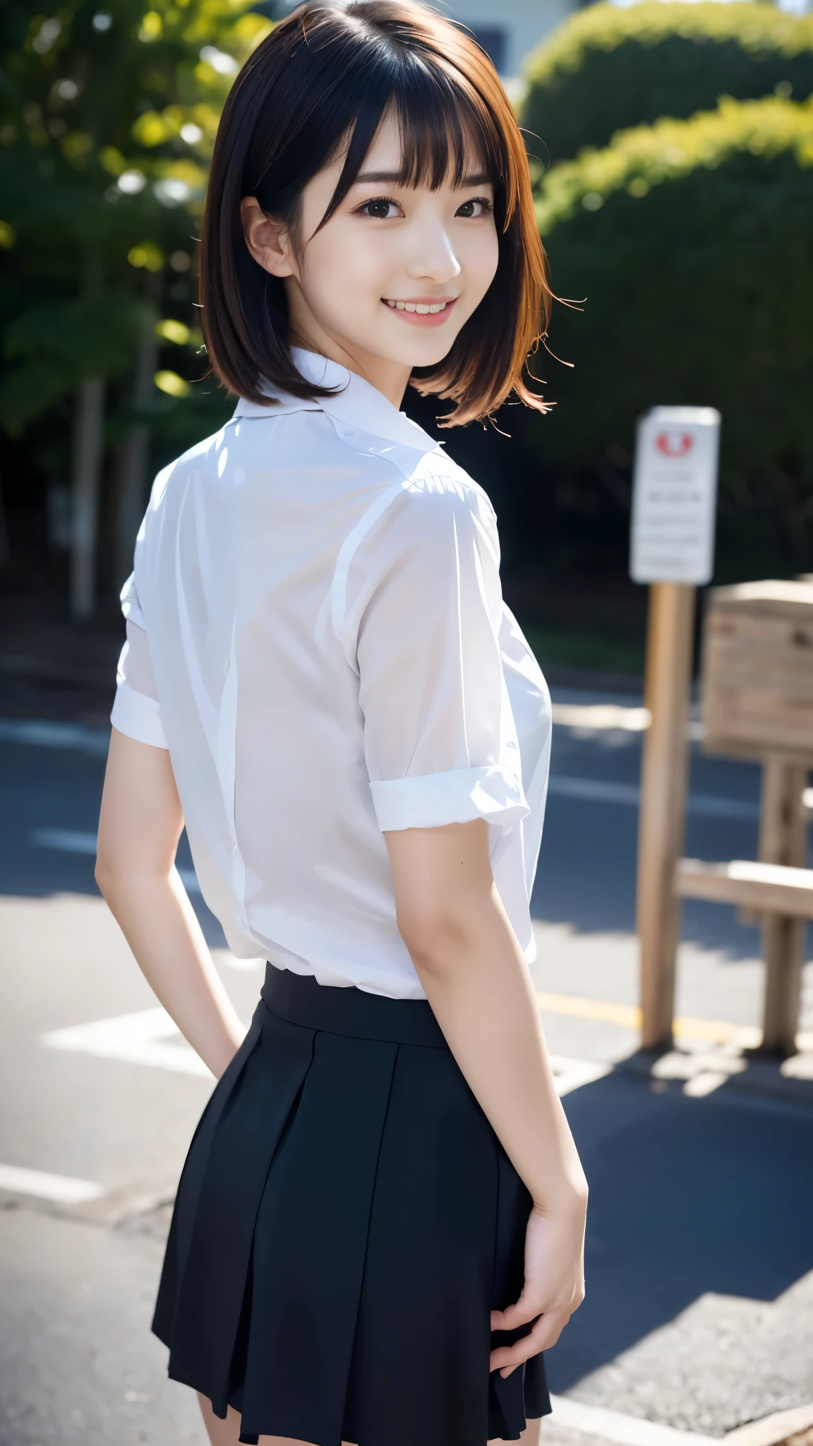 ((corridor)), Lewd smile、(Realistic、Realistic:1.37)、(masterpiece)、(Highest quality:1.4)、(Ultra-high resolution:1.2)、(RAW Photos:1.2)、(Sharp focus:1.3)、(Hands on back:1.2)、((stand:1.5)), elegant、(Whole Body Ezbian:1.2)、(A girl wearing a white collared shirt and skirt:1.3)、Straight bangs、((Black Hair)), Very cute Japanese girl、(A faint smile:1.3)、(Makes hair shine:1.3)、Short pleated skirt、Big Ass