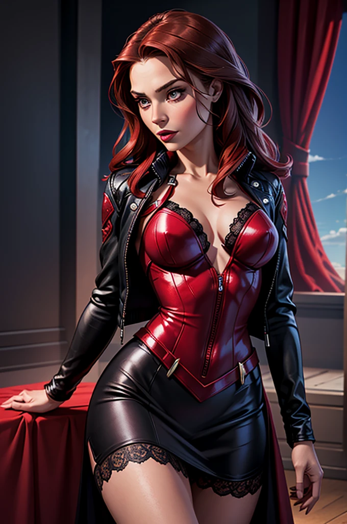 extremely detailed photo of a woman, loraelizabeth, Scarlet Witch, avengers, wearing a black lace dress, open red leather jacket, 8k high definition, raw photography, model photo shoot