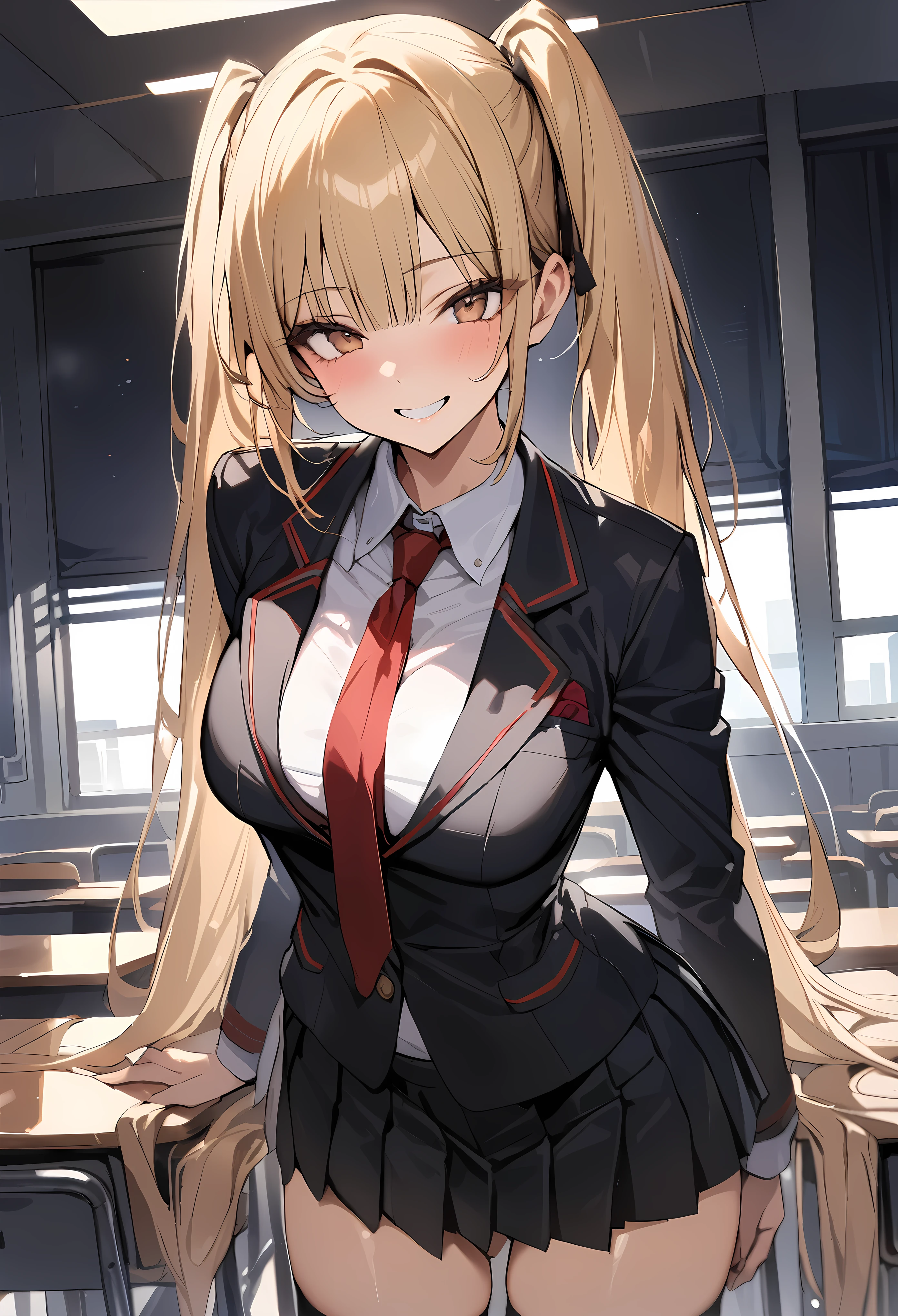 ((masterpiece,best quality anime,Highest quality:1.3)),cowboy shot,Mature Beauty,solo,1woman,((very small head:1.3)),((ideal ratio body proportions:1.2)),blonde hair,high twin tails,straight long hair,bangs,gorgeous eyes,brown eyes,smile,(Academy Uniform、Black blazer jacket、Red tie、Black pleated mini skirt),black_thighhighs,((slender body,skinny)),medium breasts,gleaming skin,shiny skin,classroom、Academy、Modern Tokyo、