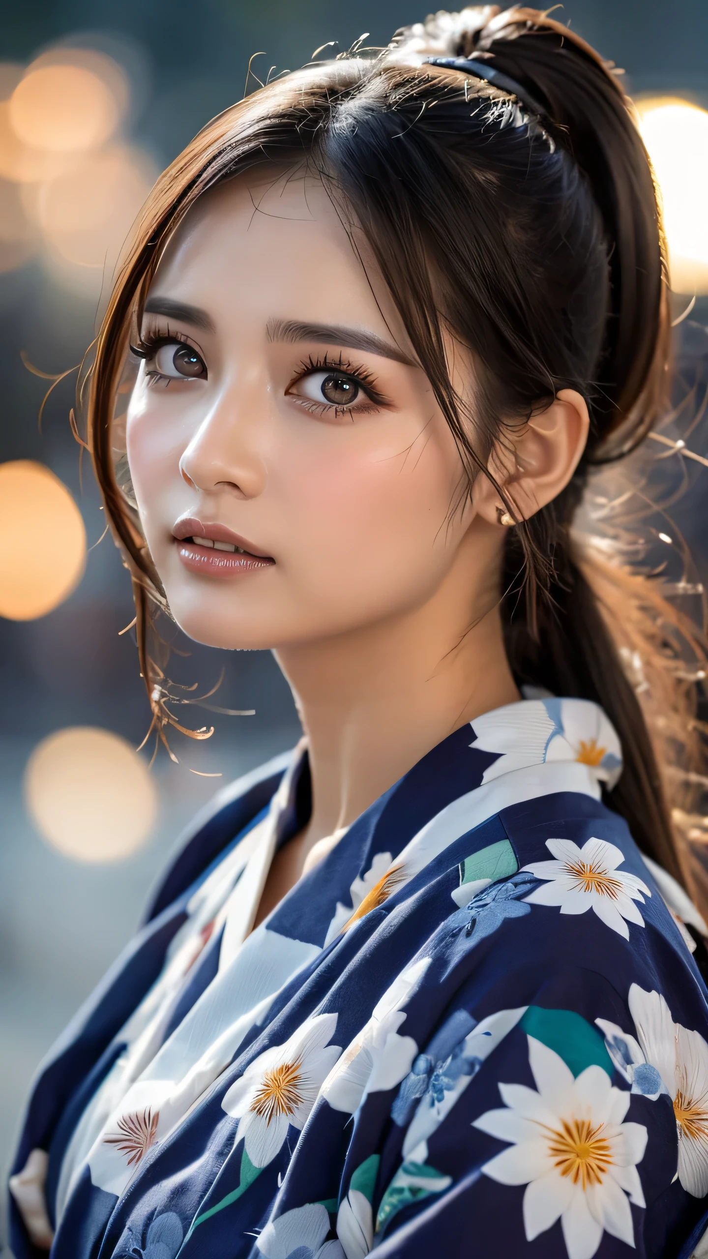 Highest quality, Finer details, (Beautiful single women))), Highly detailed eyes and face, firework, yukata, looking up at firework, ponytail, Large tear bags, double eyelid