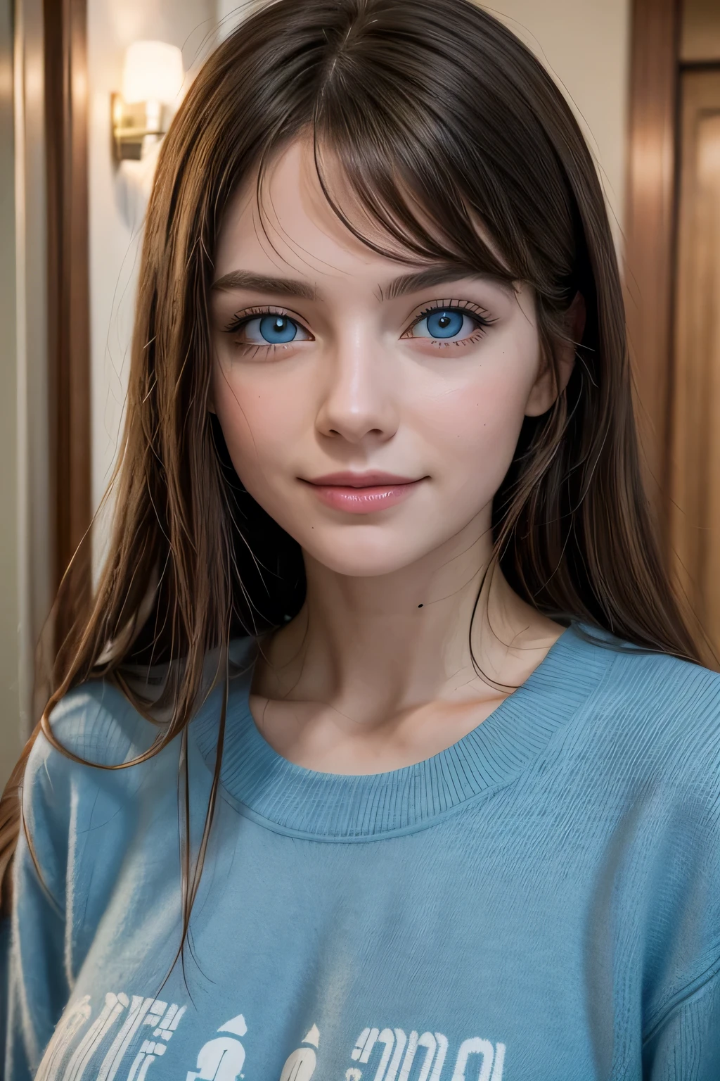 Professional photography, 2020s , AGFA, nicole, 1 woman,brunette,casual blue eyes, looking_in_viewer, smile, argintina, buinos aires, Hotel, rinderizado de octanaje, Alone, rtrophto1