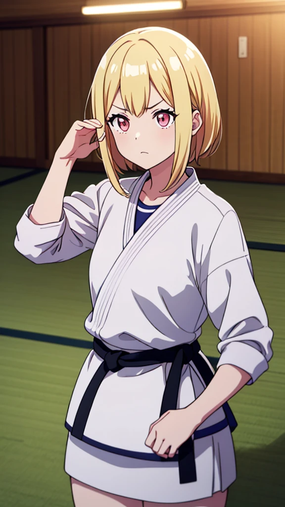 ((masterpiece, Highest quality, Very detailed, Very nice 8K CG wallpaper)), , A little thick, Medium Hair, Light yellow hair with a hint of pink, short hair, Pale pink eyes,judo player、長袖judo着、Large bust、ロングjudoパンツ、judo、Serious expression、Inside the judo Gymnasium、、On the tatami、discovery、One Girl、Ready for battle、A tough fight、Saki Tenma、Bust Size D Cup