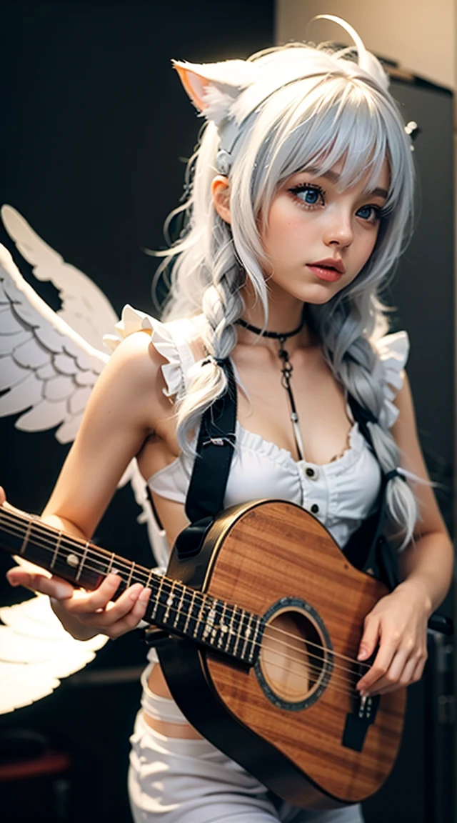 Playing Acoustic Guitar　Cute Girl　Cat ear girl　Angel　wing　　Japanese　Fantastic nostalgic scenery