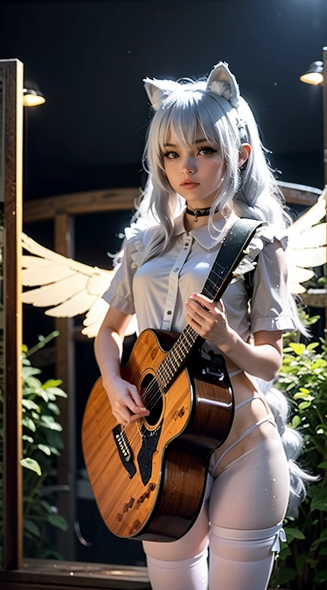 Playing Acoustic Guitar　Cute Girl　Cat ear girl　Angel　wing　　Japanese　Fantastic nostalgic scenery