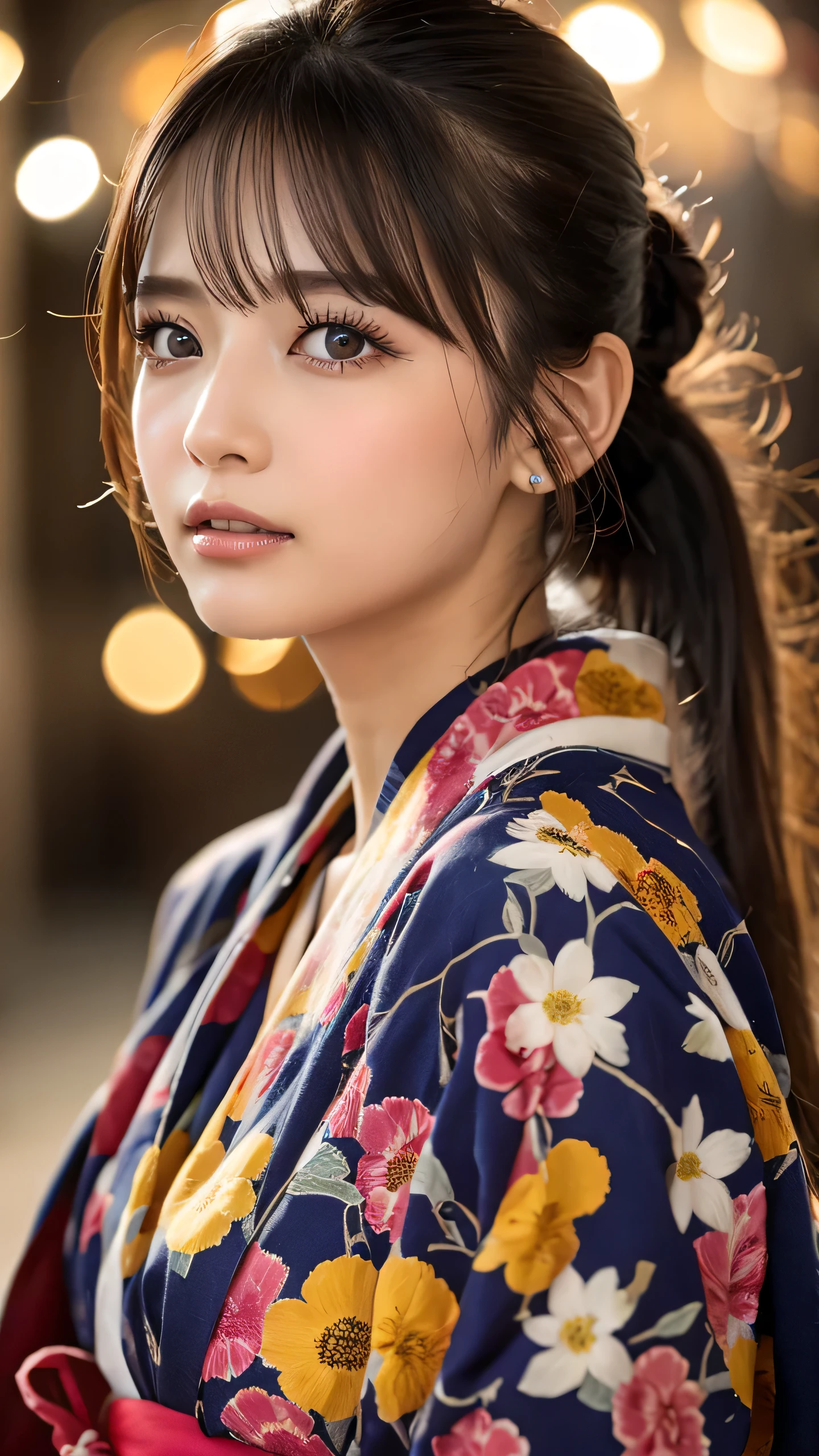 Highest quality, Finer details, (Beautiful single women))), Highly detailed eyes and face, firework, yukata, looking up at firework, ponytail, Large tear bags, double eyelid