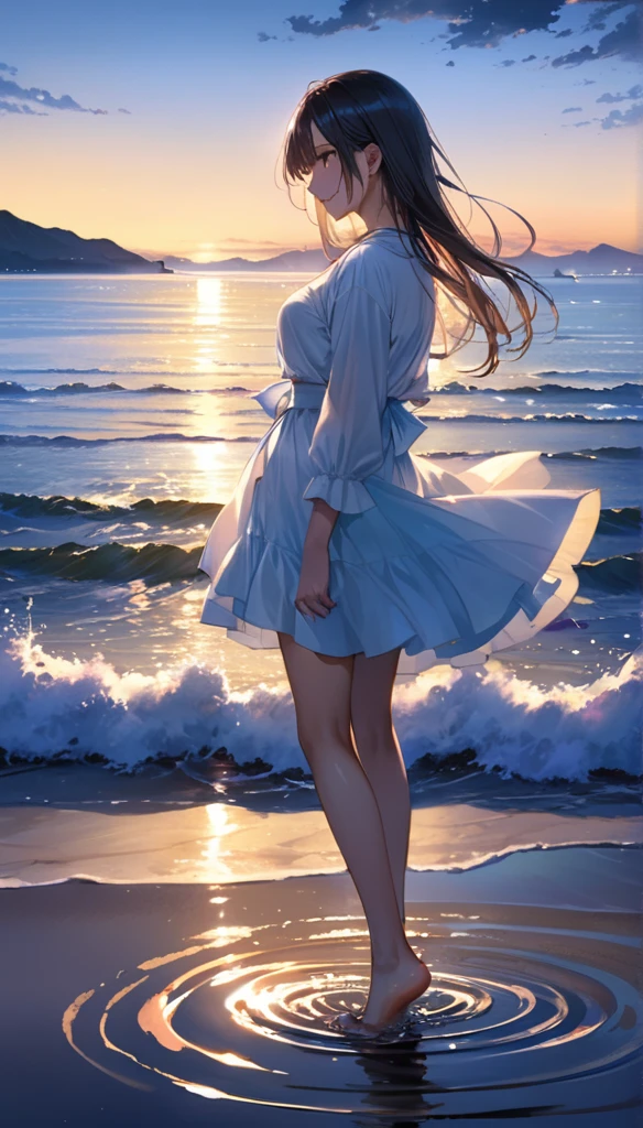 (close:1.4)、(RAW Photos:1.2)、(Realistic:1.4)、(masterpiece:1.3)、(highest quality:1.4)、Japanese Girls、(Night view:1.2)、Light clothing、pretty girl、put one foot in the sea、Standing on tiptoes、landscape、Between the horizon and the sea、Side view、Ripples spreading from the toes、Standing about 20 meters away、On the Sea、The whole scene is Shiny O's、illumination、
