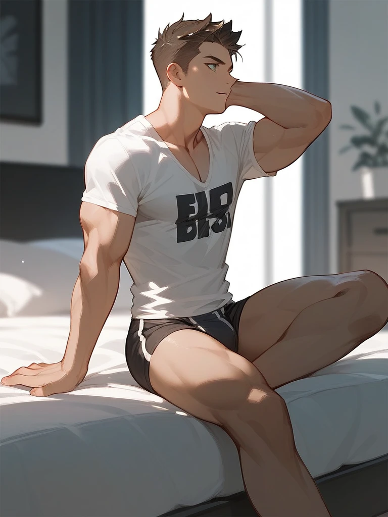 1boy,male underwear,muscular,t shirt,Hands on shots,bare feet,bedroom,sitting,