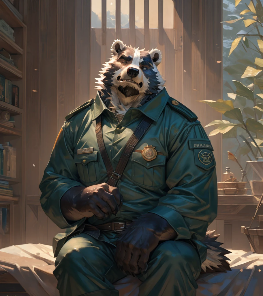 By Taran Fiddler, one man, alone, anthro Mammal (Badger), Coat a teal hue, beard is a teal hue , dilf, wrinkly face, bushy eyebrows, wearing park ranger uniform, stern facial expression, looking away from viewer, snarling, sitting on bed, inside a national park watchtower