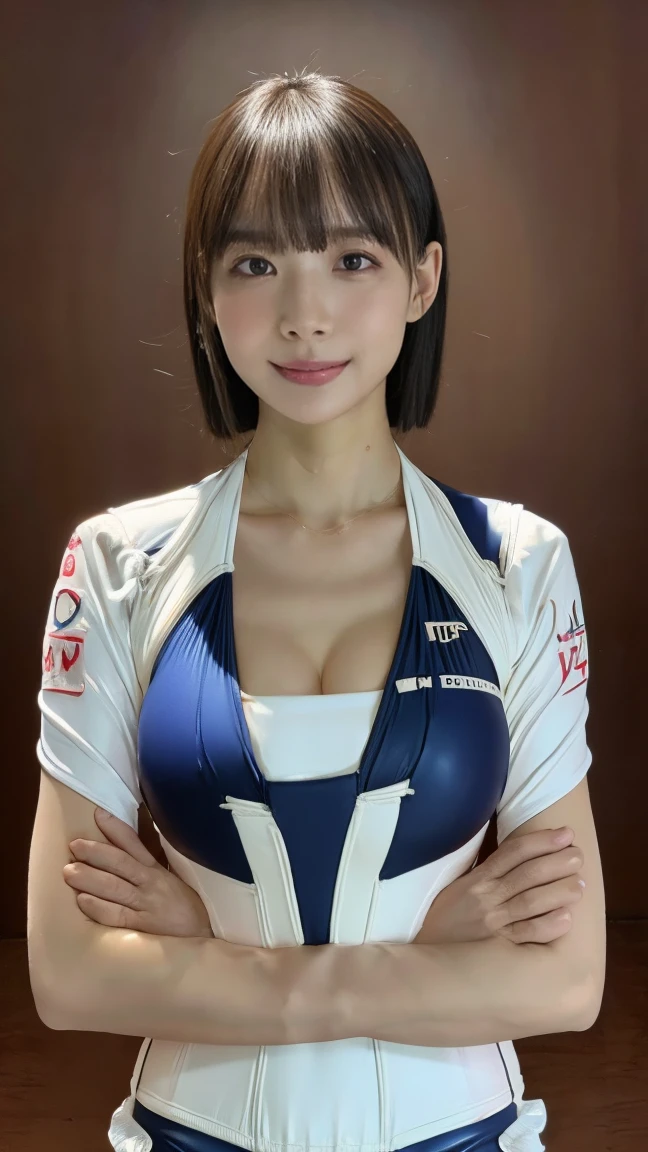 8k resolution, Surreal, Very detailed, high quality,Perfect Anatomy, (girl: 1.1), girl1名, Beautiful Japanese Women,18-year-old, Shinwes,  Detailed face, Long Hair, (Huge breasts),(Wide Hips), (White swimming race suit :1.3), (Camel Toe), cute, Japanese idol faces, smile,(((Fold your arms in front of your chest:1.3)))