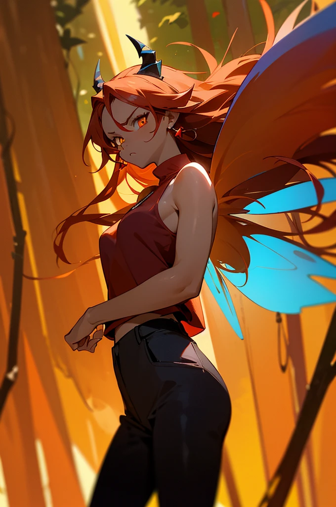 fairy, woman, fairy wings, dark skin, red hair, long hair, orange highlights, yellow horns, red aura,serious face, light yellow eyes, cowboy shot, black tanktop, black pants, red earrings, standing in front of camera, staring at camera, forest background, african american, black skin, red jacket, mature woman, 