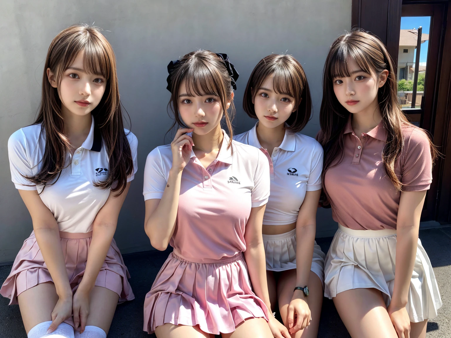 masterpiece, best quality, illustration, Super detailed, fine details, High resolution, 8K,wall paper, perfect dynamic composition,(Details High quality, realistic depiction of eyes:1.3), (3 girls), BREAK (white theme:1.4), (tucked-out short sleeve white polo shirt:1.4), (pink lines on tops outline:1.3), (pure white pleated mini skirt:1.3), (hem of top covers top half of skirt:1.3), (pink fluffy scrunchie on wrist:1.3), (white and pink sports shoes:1.2), sitting, open legs, short bob hair, in a hotel room in the background, deep on field, large breasts, black hair color, Big Natural Color Lip, (perfect body shape), crying a little、Harajuku style、20 year old girl、cute type、beautiful legs, Gravure Idol