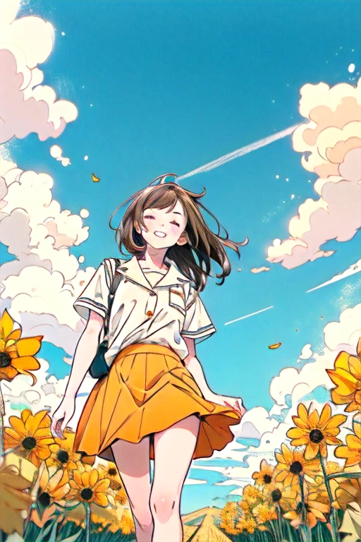 1 girl,Brown Hair,Wearing an orange skirt,Towards the blue sky,close your eyes,smile,Surrounded by yellow wheat fields,Yellow ginkgo trees floating in the sky,White clouds in the blue sky,Manga style,high quality,High resolution,look up,Three-point perspective,Deep Knee,