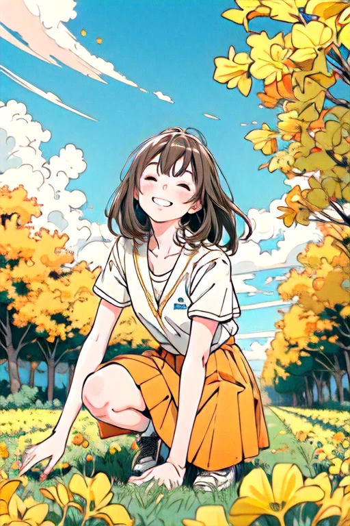 1 girl,Brown Hair,Wearing an orange skirt,Towards the blue sky,close your eyes,smile,Surrounded by yellow wheat fields,Yellow ginkgo trees floating in the sky,White clouds in the blue sky,Manga style,high quality,High resolution,look up,Three-point perspective,Deep Knee,