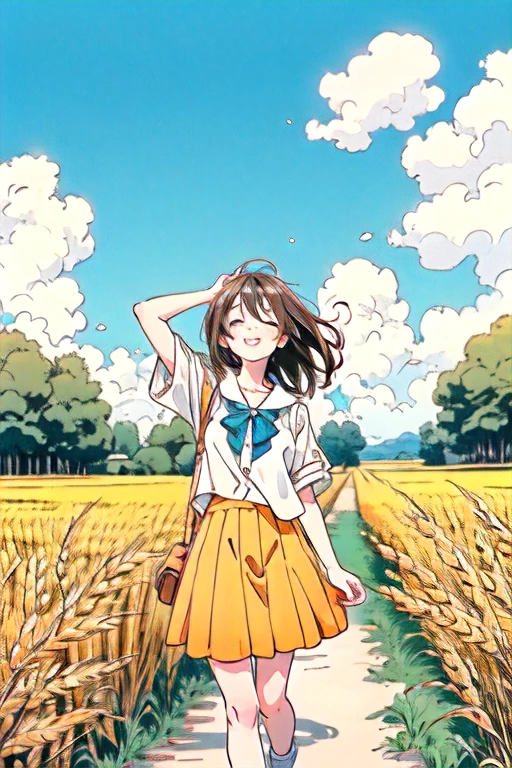 1 girl,Brown Hair,Wearing an orange skirt,Towards the blue sky,close your eyes,smile,Surrounded by yellow wheat fields,Yellow ginkgo trees floating in the sky,White clouds in the blue sky,Manga style,high quality,High resolution,look up,Three-point perspective,Deep Knee,
