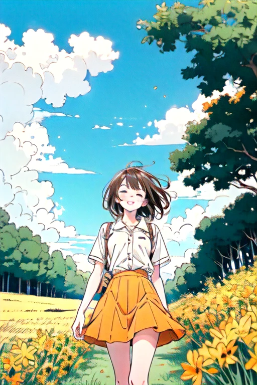 1 girl,Brown Hair,Wearing an orange skirt,Towards the blue sky,close your eyes,smile,Surrounded by yellow wheat fields,Yellow ginkgo trees floating in the sky,White clouds in the blue sky,Manga style,high quality,High resolution,look up,Three-point perspective,Deep Knee,