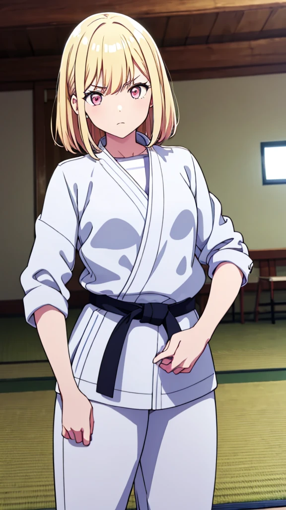 ((masterpiece, Highest quality, Very detailed, Very nice 8K CG wallpaper)), , A little thick, Medium Hair, Light yellow hair with a hint of pink, short hair, Pale pink eyes,judo player、長袖judo着、Large bust、ロングjudoパンツ、judo、Serious expression、Inside the judo Gymnasium、、On the tatami、discovery、One Girl、Ready for battle、A tough fight、Saki Tenma、Bust Size D Cup