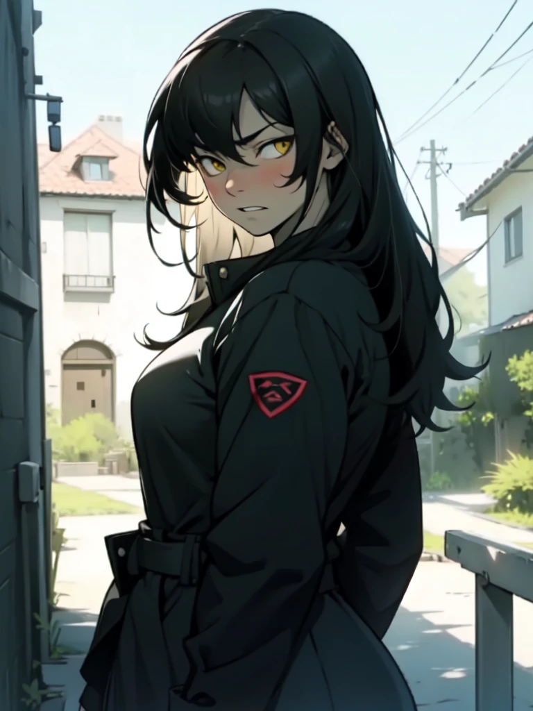 empty eyes embarrassed girl black hair yellow eyes pale skin muscular girl female