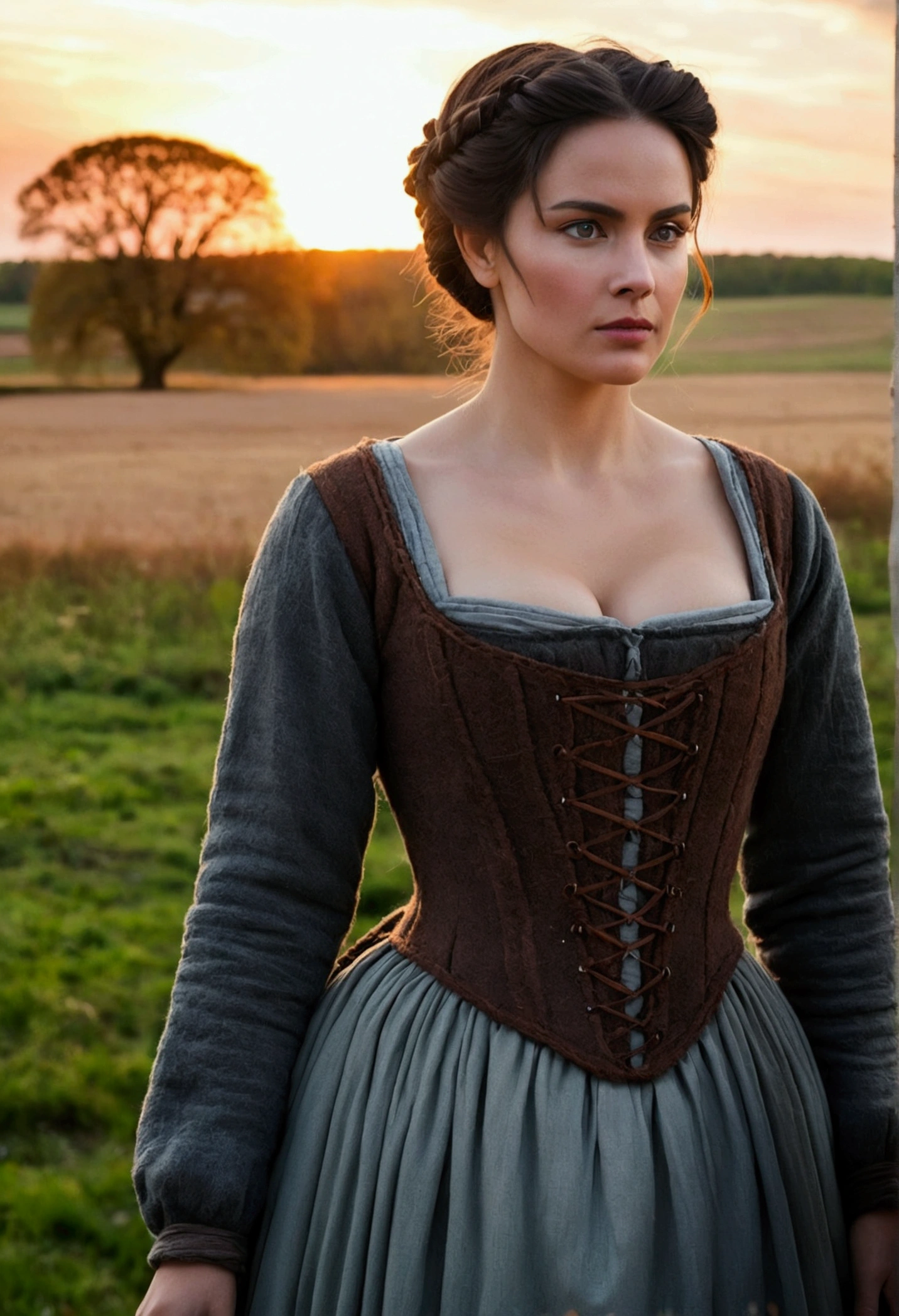 Beautiful and sensual busty athletic (delgado) Dark-haired peasant woman with sharp facial features wearing a modest updo, messy bun, medieval hair covering, chal, thick wool dress, gray and brown coarse yarn medieval dress, long sleeves, wide collar, long dress, tight bodice, corset, middle Ages, cabin, farm, exterior, trees, field, evening, Sunset.