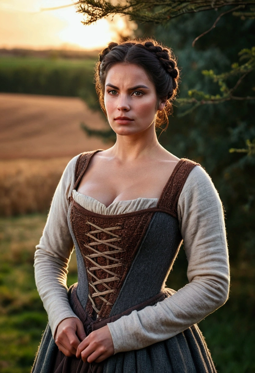 Beautiful and sensual busty athletic (delgado) Dark-haired peasant woman with sharp facial features wearing a modest updo, messy bun, medieval hair covering, chal, thick wool dress, gray and brown coarse yarn medieval dress, long sleeves, wide collar, long dress, tight bodice, corset, middle Ages, cabin, farm, exterior, trees, field, evening, Sunset.