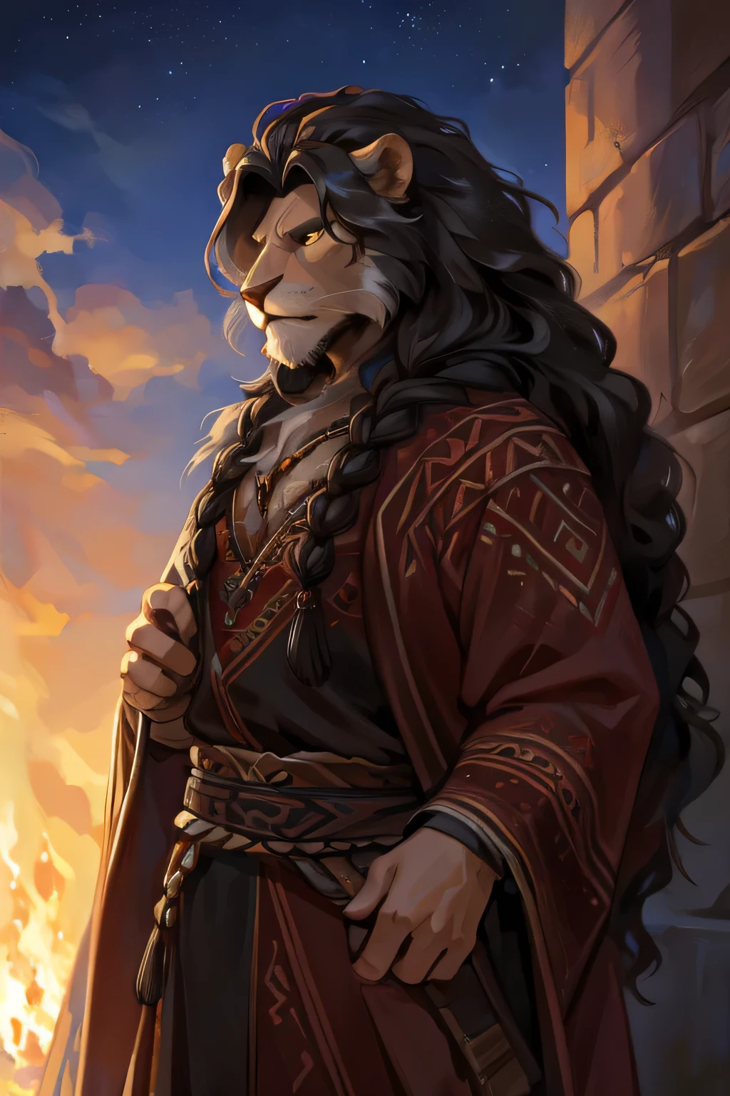 Mature anthropomorphic lion with wavy black mane with various braids, and old Nordic clothing with Nordic tattoos