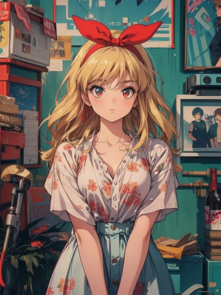 (RED Ribbon on HAIRband:1.2),(80's, retro, city pop poster:1.5), (album cover), (masterpiece, best quality), (anime, illustration), 
best photo pose, dynamic angle, cowboy shot,
girl, solo, 80 anime style, 19 year old Russian girl, blonde girl, shoulder height hair, Bangs, Smoking a cigarette, Wearing a white button-down shirt, short sleeves , and a red skirt, Warzone, Green eyes, large breasts, wide hips, perfect detail eyes, delicate face, RED eyes, blonde hair, hoshimiya ichigo