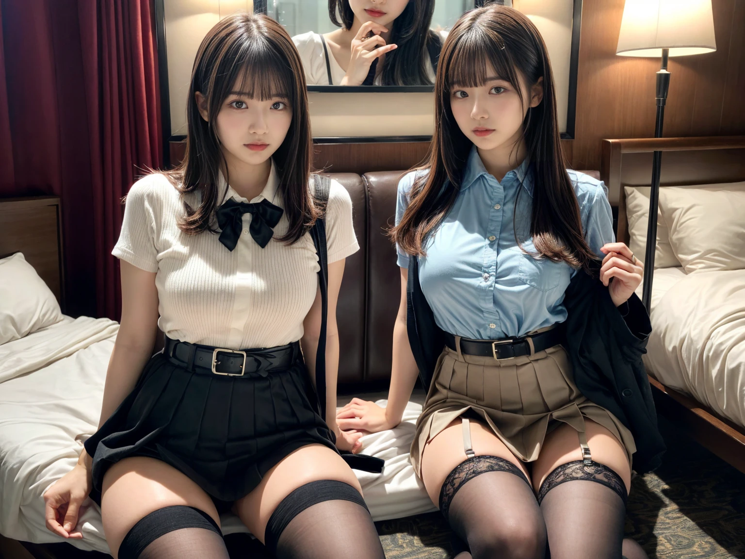 masterpiece, best quality, illustration, Super detailed, fine details, High resolution, 8K,wall paper, perfect dynamic composition,(Details High quality, realistic depiction of eyes:1.3), (2 girls), holster, bobby, Cutter shirt, a belt, suspenders, pleated skirt, garterbelts, knee high Stockings, sitting, open legs, short bob hair, in a hotel room in the background, deep on field, large breasts, black hair color, Big Natural Color Lip, (perfect body shape), crying a little、Harajuku style、20 year old girl、cute type、beautiful legs, Gravure Idol