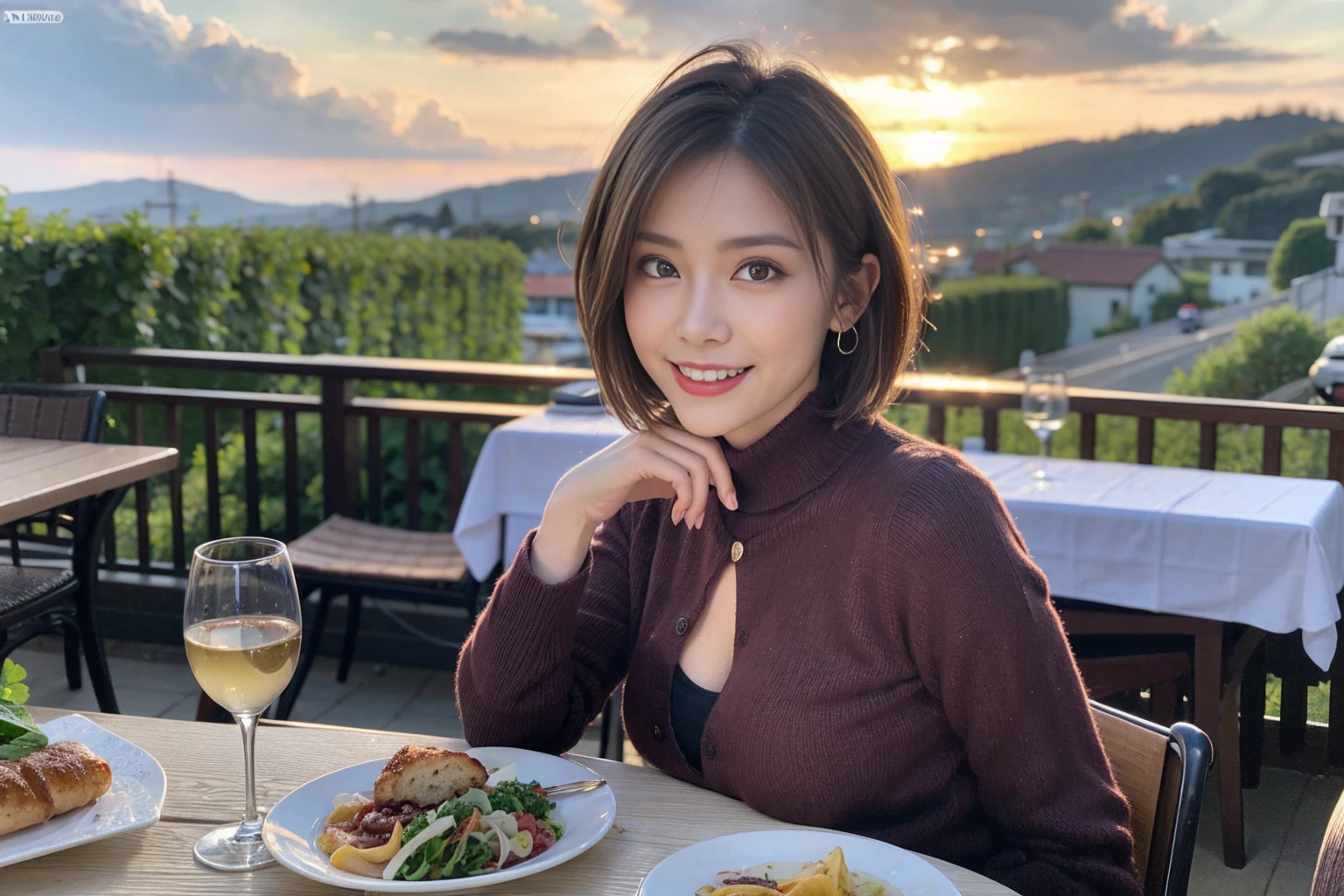 （Realistic:1.1）,(masterpiece,Highest quality)，8k,(51 years old), 53 years old, ベリーslimボディ、slimカップル、Tight waist,Upper Body,full-course dinner、wine 、Amazing view of the sunset sky and clouds、Perfect ???????, Brown Hair, short hair,Random Hairstyles,((Highly detailed face and eyes:1.2))，Perfect golden ratio face，Long sleeve shirt、dress,(smile:1.2)、Shortcuts、cute、(Realistic, Intricate details:1.2), A bright smile、short hair,Bright Face、赤wine 、Appetizers、Italian food、wine bottle、Champagne、スパークリングwine、(slimな顔), (The body is slim), (Brown Hair), (Shortcuts),  Upper Body, 白wine, slim, wineグラス, 