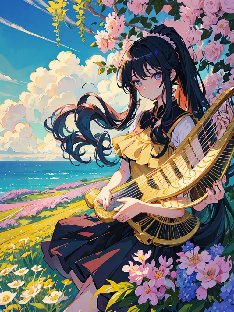 Anime illustration、masterpiece、high quality、Accurate Production、Girl 13 years old、Long curly hair、Hair decoration、Ponytail、Playing the harp in a flower field、The outfit is sleevelesini skirt flare、Big and cute eyes、Eyelashes are long and black、Summer afternoon、
