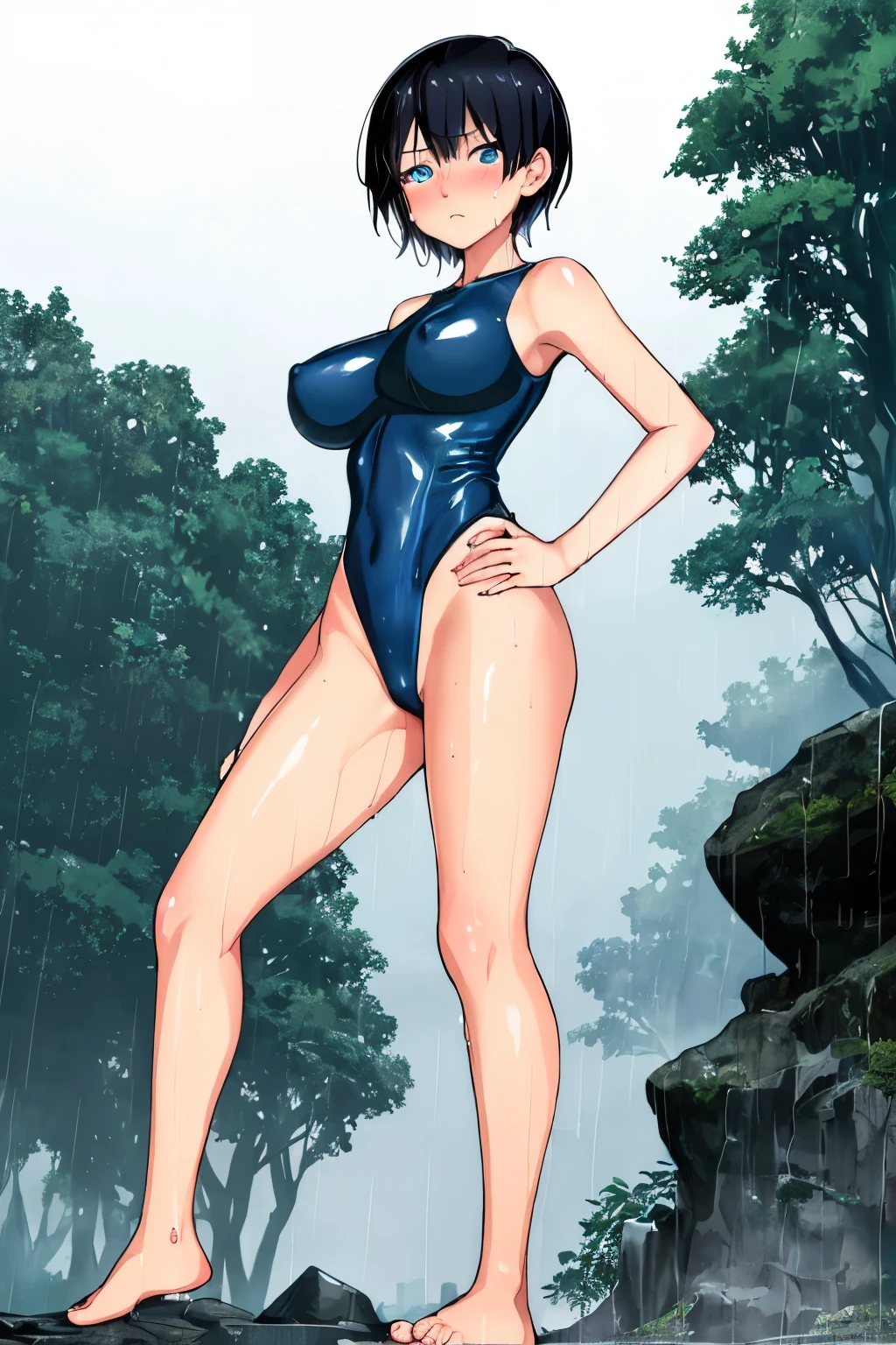 Cool girl,boyish,Very short hair,blue eyes,Blue leotard,Super High Leg Cut,barefoot,Black Hair,Big Breasts,blush,Sweat,Are standing,Put your hands on your hips,From below,forest,Wet,rain,fog,cloudy,Humid air,