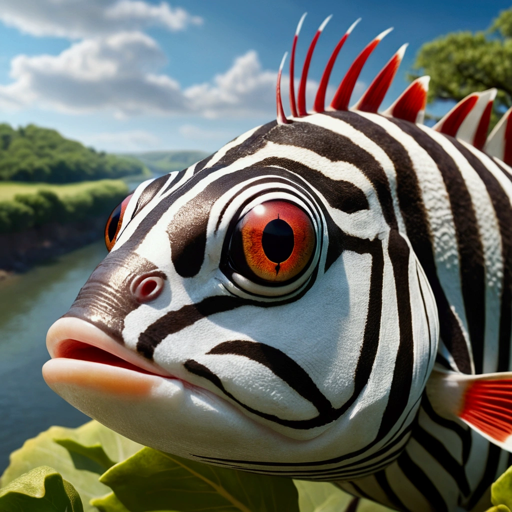 beautiful detailed eyes, beautiful detailed lips, extremely detailed eyes and face, long eyelashes, 1 giant striped fish resembling the body of a zebra, large oak tree with red roots on a hill, panoramic landscape, river flowing into the sea, best quality, 4k, 8k, highres, masterpiece:1.2, ultra-detailed, realistic, photorealistic, photo-realistic:1.37, HDR, UHD, studio lighting, ultra-fine painting, sharp focus, physically-based rendering, extreme detail description, professional, vivid colors, bokeh