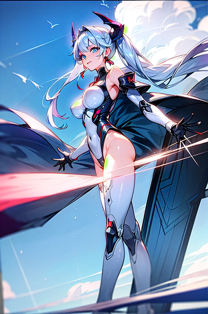 Airi_AoV_HS, 1girl, (28s:1.4), solo, white hair, bangs, long hair, very long hair, twin tail, headband, black headband, cyber headband, horns, eyelashes, long eyelashes, eyeliner, sharp eyelids, blue eyes, makeup, lips, earrings, red earrings, head, face, smile, close mouth, breasts, (large breasts:1.2), bodysuit, white/black bodysuit, leotard, cybernetic leotard, bare shoulders, shoulder armor, white/black shoulder armor, transparent shoulder armor, arm armor, gloves, gray gloves, thighs, white thighs, stockings, cyber tights, boots, long boots, platform shoes, standing, full body, white blackground, outdoors, sky, cloud, water, tree, bird, cloudy sky, building, scenery, light particles, reflection, fantasy, castle, tower, (mature female:1.4),