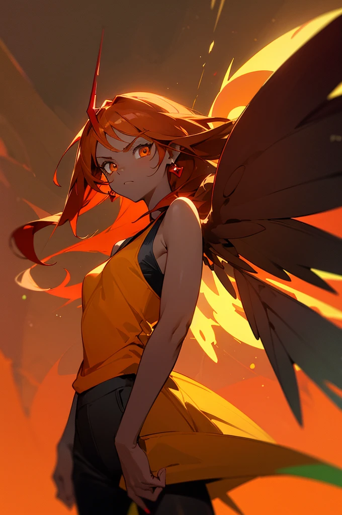 fairy, woman, fairy wings, dark skin, red hair, long hair, orange highlights, yellow horns, red aura,serious face, light yellow eyes, cowboy shot, black tanktop, black pants, red earrings, standing in front of camera, staring at camera, forest background, african american, black skin, red jacket, mature woman,faced towards camera,