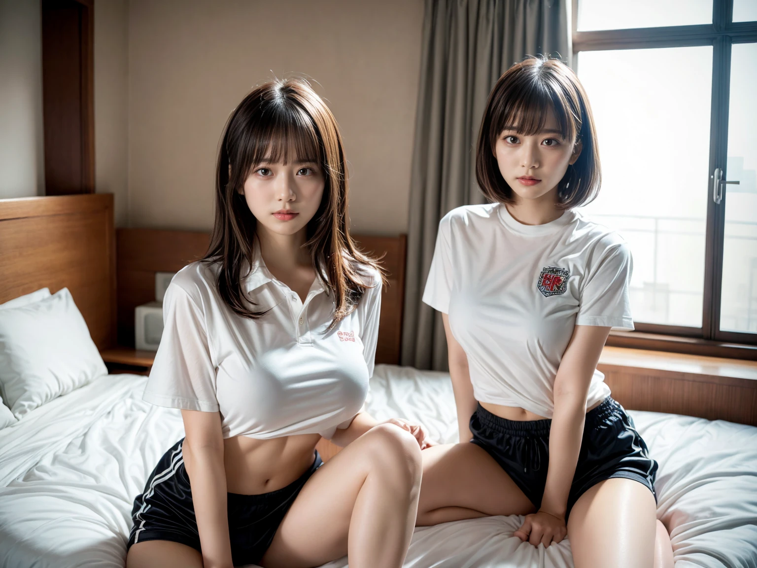 masterpiece, best quality, illustration, Super detailed, fine details, High resolution, 8K,wall paper, perfect dynamic composition,(Details High quality, realistic depiction of eyes:1.3), (2 girls), oversized sport shirt, shorts women, sitting, open legs, short bob hair, in a hotel room in the background, deep on field, large breasts, black hair color, Big Natural Color Lip, (perfect body shape), crying a little、Harajuku style、20 year old girl、cute type、beautiful legs, Gravure Idol