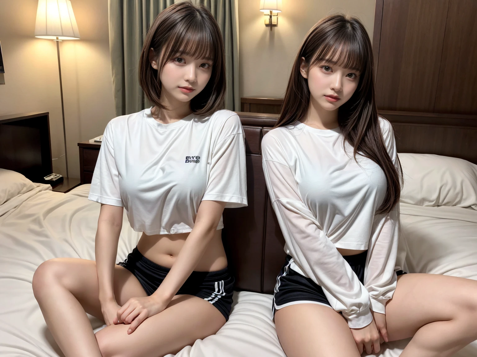 masterpiece, best quality, illustration, Super detailed, fine details, High resolution, 8K,wall paper, perfect dynamic composition,(Details High quality, realistic depiction of eyes:1.3), (2 girls), oversized sport shirt, shorts women, sitting, open legs, short bob hair, in a hotel room in the background, deep on field, large breasts, black hair color, Big Natural Color Lip, (perfect body shape), crying a little、Harajuku style、20 year old girl、cute type、beautiful legs, Gravure Idol