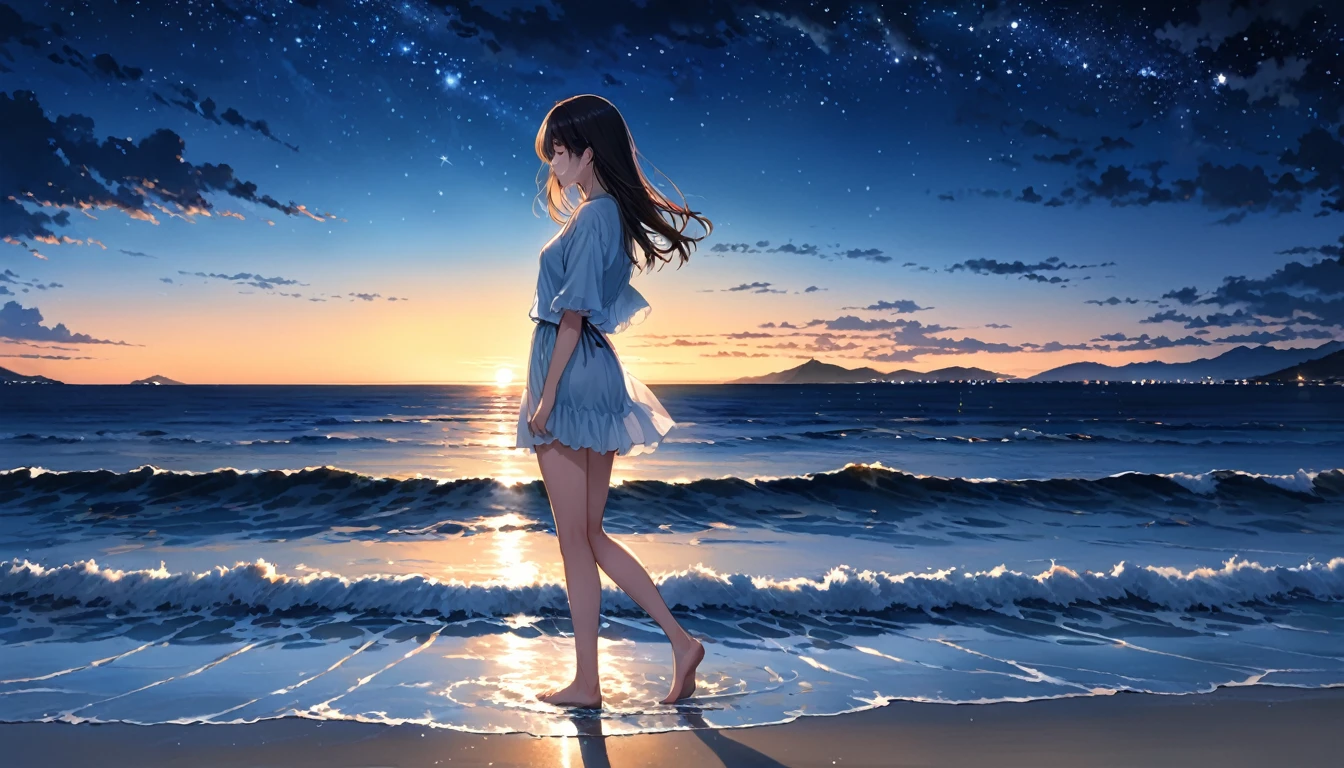 (close:1.4)、(RAW Photos:1.2)、(Realistic:1.4)、(masterpiece:1.3)、(highest quality:1.4)、Japanese Girls、(Night view:1.2)、Light clothing、pretty girl、put one foot in the sea、Standing on tiptoes、landscape、Between the horizon and the sea、Side view、Ripples spreading from the toes、Standing about 20 meters away、On the Sea、The whole scene is Shiny O's、illumination、