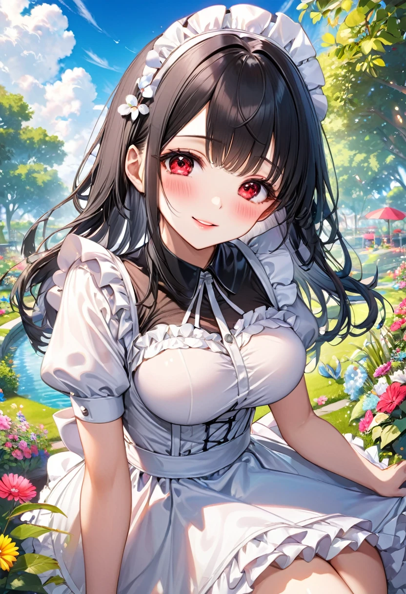 (beautiful sexy style), (pov, solo:2, 18 yo), (beautiful detailed asymmetry bangs:1.5) (beautiful detailed black very hair, long hair) (best sexy sadist lady, best sexy red eyes, glossy lip, best grow sexy smile, blushing face, beautiful sexy big tits), in a immensely beautiful summer maid dress, break, in the beautiful enchanted garden, background beautiful summer sky, BREAK, perfect anatomy, masterpiece, best quality, beautiful detailed pastel color, daydreaming expression.