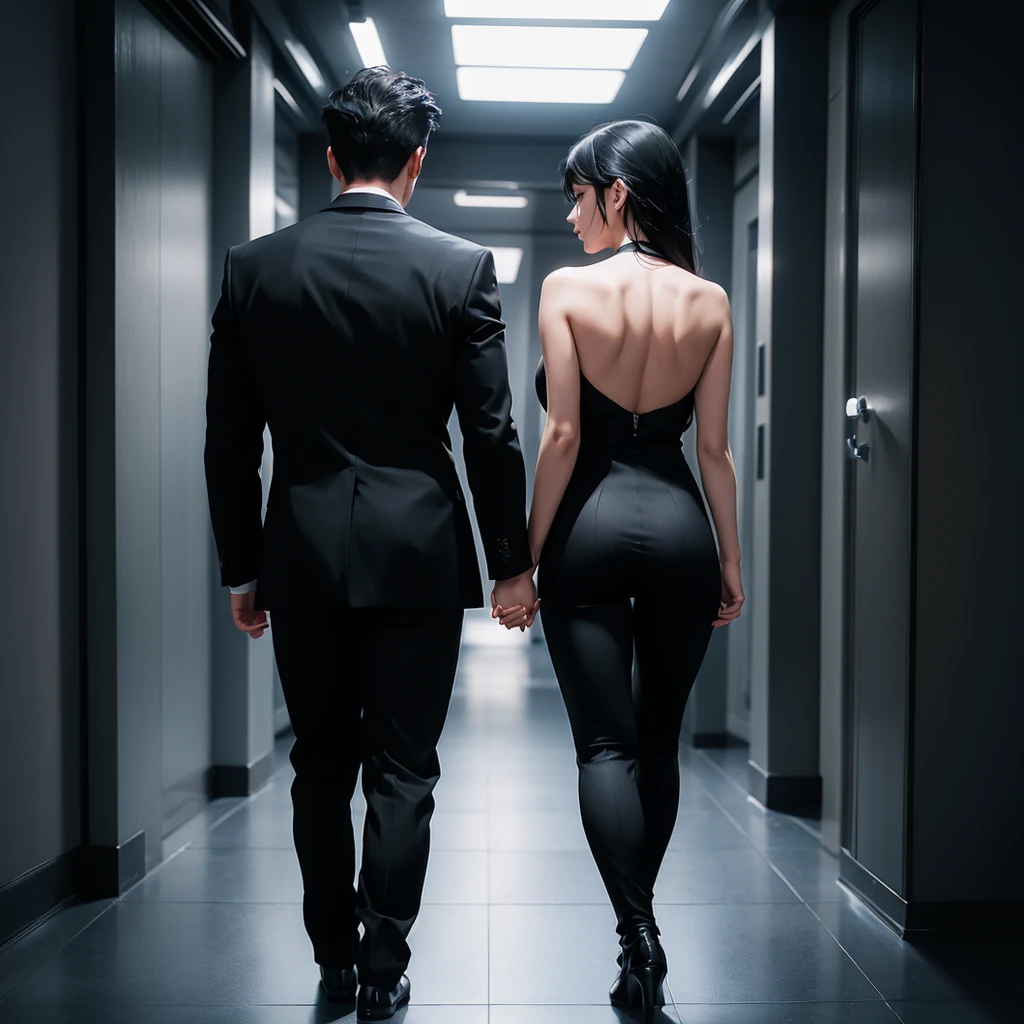 1boy 1girl, black hair, grey eyes, wearing all black suit, holding hands, absurdres, high res, ultrasharp, 8K, masterpiece, looking from behind