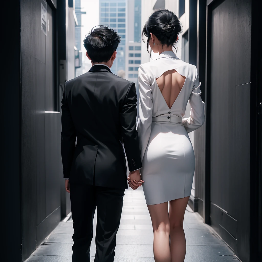 1boy 1girl, black hair, grey eyes, wearing all black suit, holding hands, absurdres, high res, ultrasharp, 8K, masterpiece, looking from behind