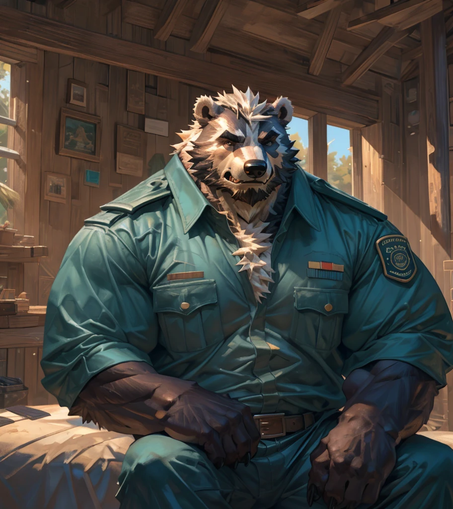 By Taran Fiddler, one man, alone, anthro Mammal (Badger), Hair a teal hue, chest fur a teal hue, beard is a teal hue , dilf, wrinkly face, bushy eyebrows, wearing park ranger uniform, stern facial expression, looking away from viewer, snarling, sitting on bed, inside a national park watchtower