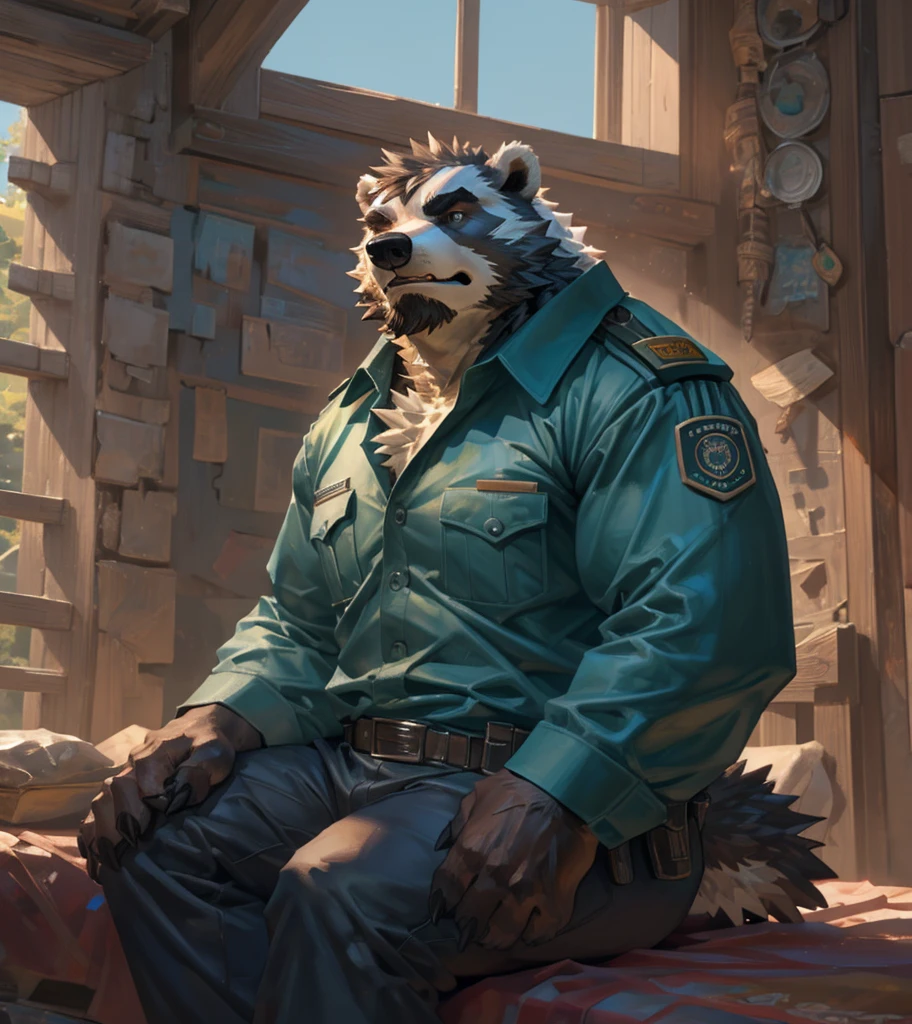 By Taran Fiddler, one man, alone, anthro Mammal (Badger), Hair a teal hue, chest fur a teal hue, beard is a teal hue , dilf, wrinkly face, bushy eyebrows, wearing park ranger uniform, stern facial expression, looking away from viewer, snarling, sitting on bed, inside a national park watchtower