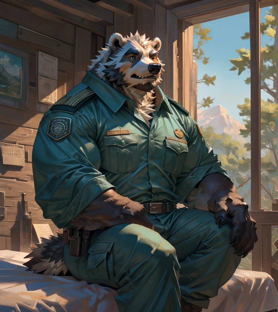 By Taran Fiddler, one man, alone, anthro Mammal (Badger), Hair a teal hue, chest fur a teal hue, beard is a teal hue , dilf, wrinkly face, bushy eyebrows, wearing park ranger uniform, stern facial expression, looking away from viewer, snarling, sitting on bed, inside a national park watchtower