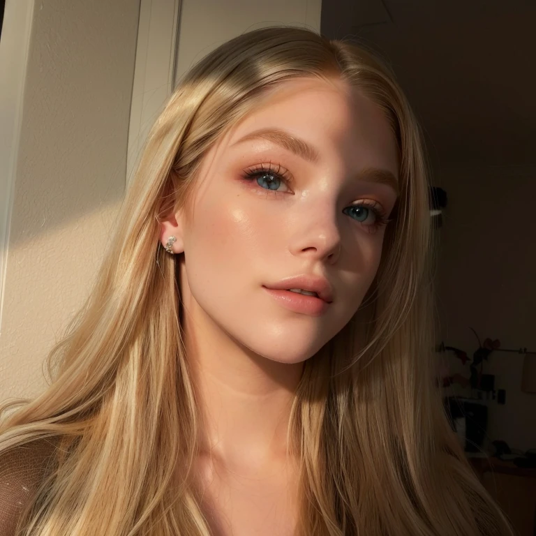 blonde woman with long hair and piercings posing for a photo, perfectly lit face, face like exposed ester, brunette with dyed blonde hair, she has a glow coming from her, long blonde hair and large eyes, with long blonde hair, Kailee Mandel, Her skin is light brown, perfectly shaded face, very high quality face, blonde hair and large eyes